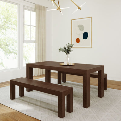 235210-198 : Dining Set Modern Solid Wood Dining Table Set with 2 Benches, Walnut Wirebrush