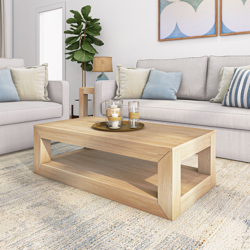2700517000-150 : Coffee Table Modern Rectangular Coffee Table with Bottom Shelf (48in x 24in / 1220mm x 610mm), Blonde Wirebrush