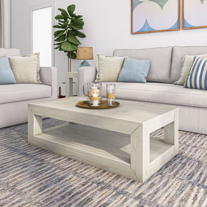 2700517000-153 : Coffee Table Modern Rectangular Coffee Table with Bottom Shelf (48in x 24in / 1220mm x 610mm) White Sand Wirebrush