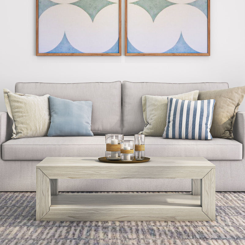 2700517000-153 : Coffee Table Modern Rectangular Coffee Table with Bottom Shelf (48in x 24in / 1220mm x 610mm) White Sand Wirebrush