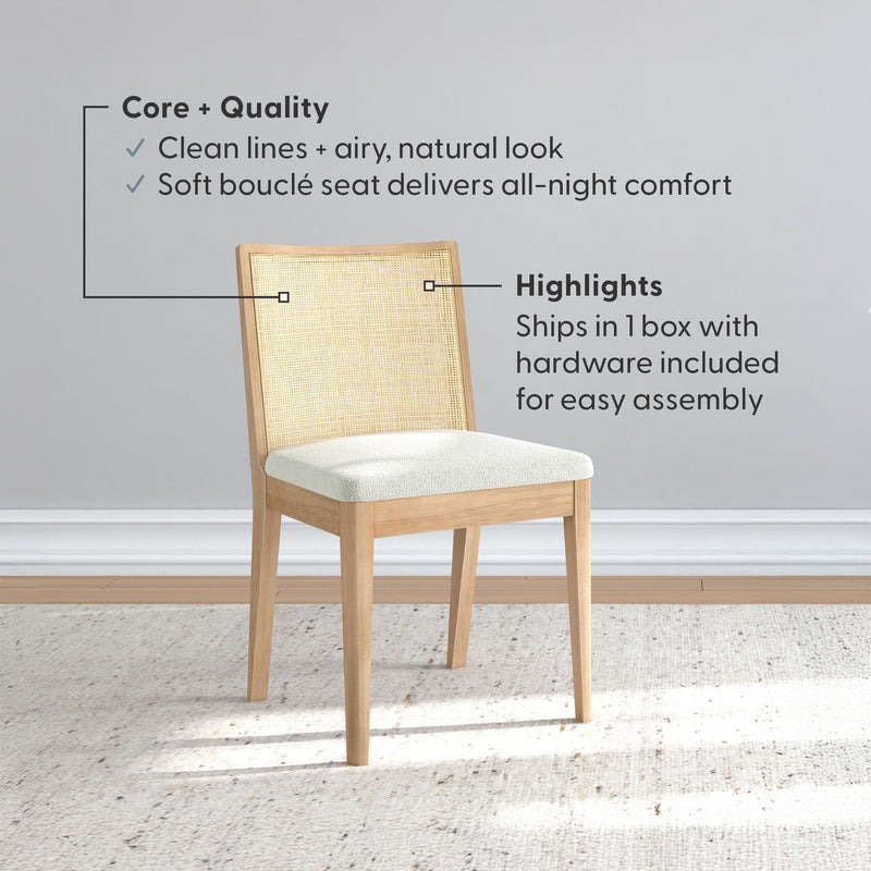 3000360600-605 : Dining Chair Elio Rattan Back Dining Chair, Blonde Frame, Ivory bouclée (WN2022A-2) Fabric