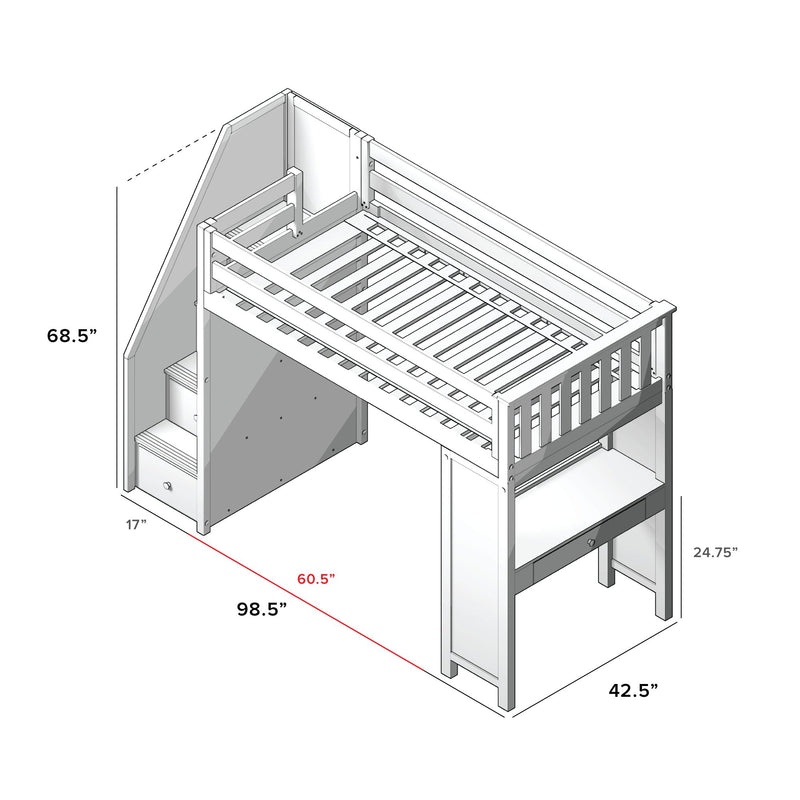 71-960-002 : Loft Beds Staircase Loft Bed Study, White