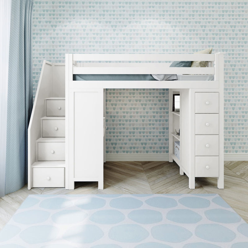 71-970-002 : Loft Beds Staircase Loft Bed Desk + Dresser, White