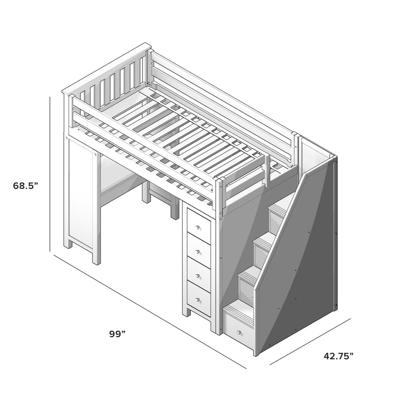 71-970-002 : Loft Beds Staircase Loft Bed Desk + Dresser, White