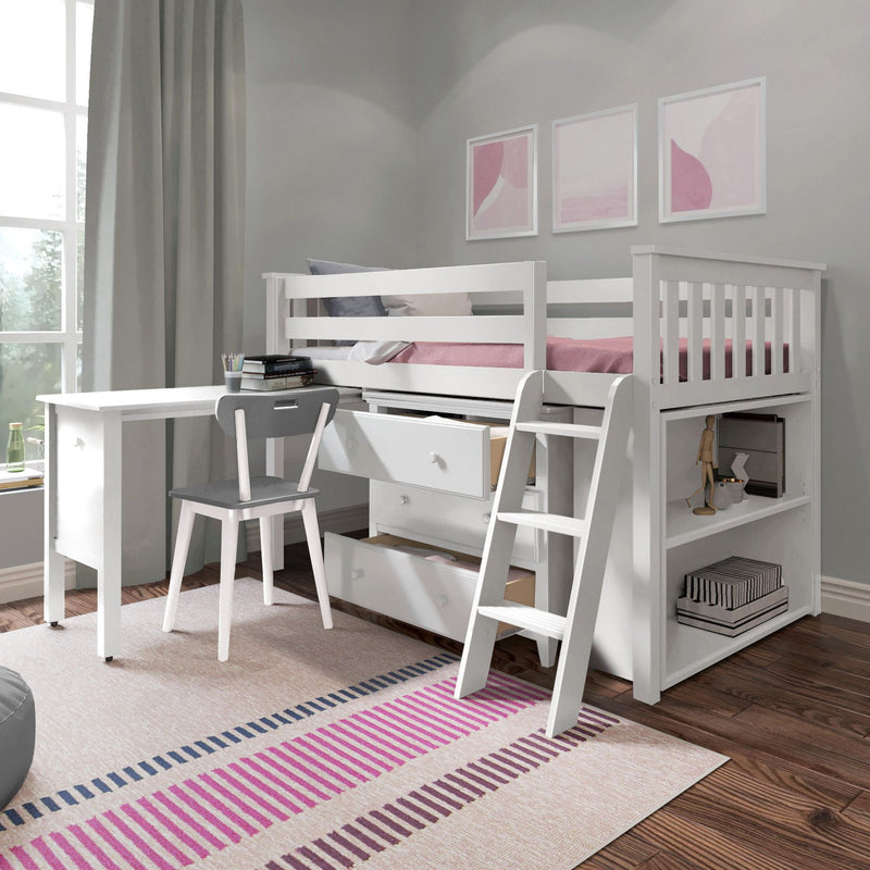 71S-L3DBKDK-002 : Loft Beds Twin Storage Loft Bed with Dresser, Bookcase and Desk, White
