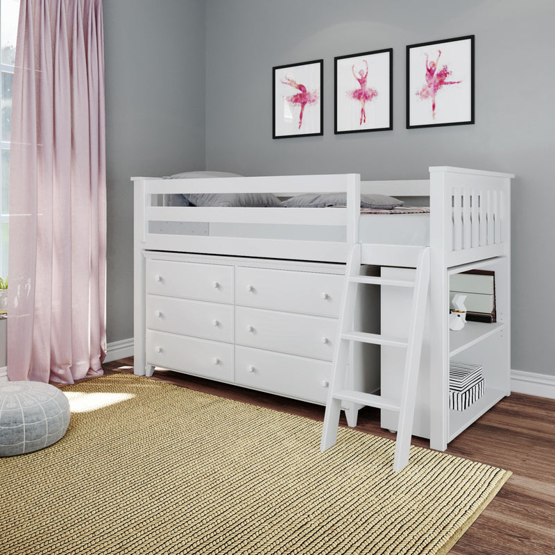 71S-L6DBK-002 : Loft Beds Twin Storage Loft Bed with Dresser and Bookcase, White