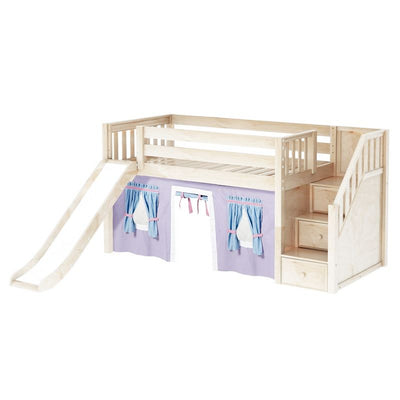 AERIE27 NS : Play Loft Beds Twin Low Loft Bed with Stairs, Curtain + Slide, Slat, Natural