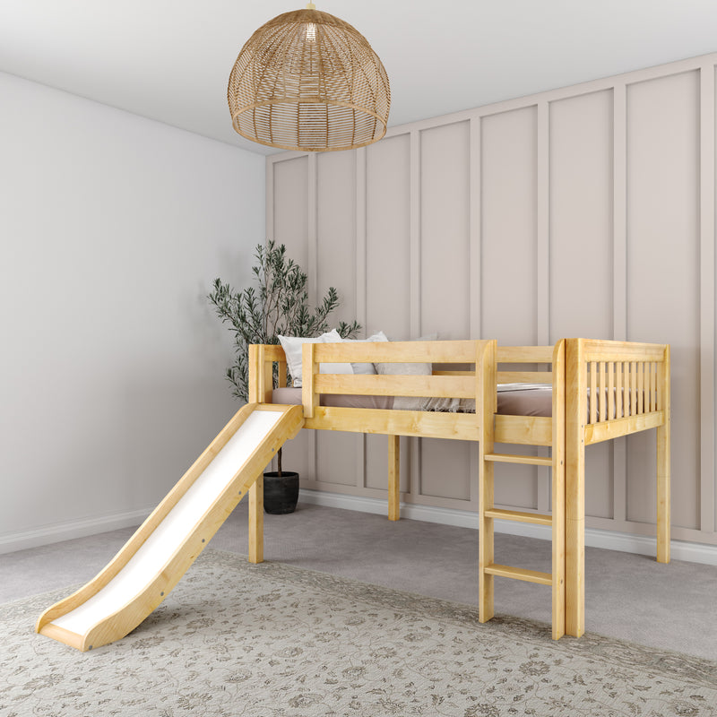 AMAZING NS : Loft Bed Full Low Loft Bed with Slide and Straight Ladder on Front, Natural Birch Slats