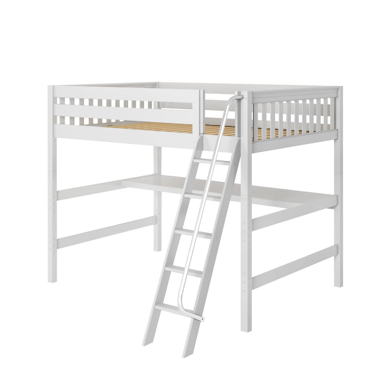 BEEFY1 XL WS : Study Loft Beds Queen High Loft Bed with Angled Ladder + Desk, Slat, White