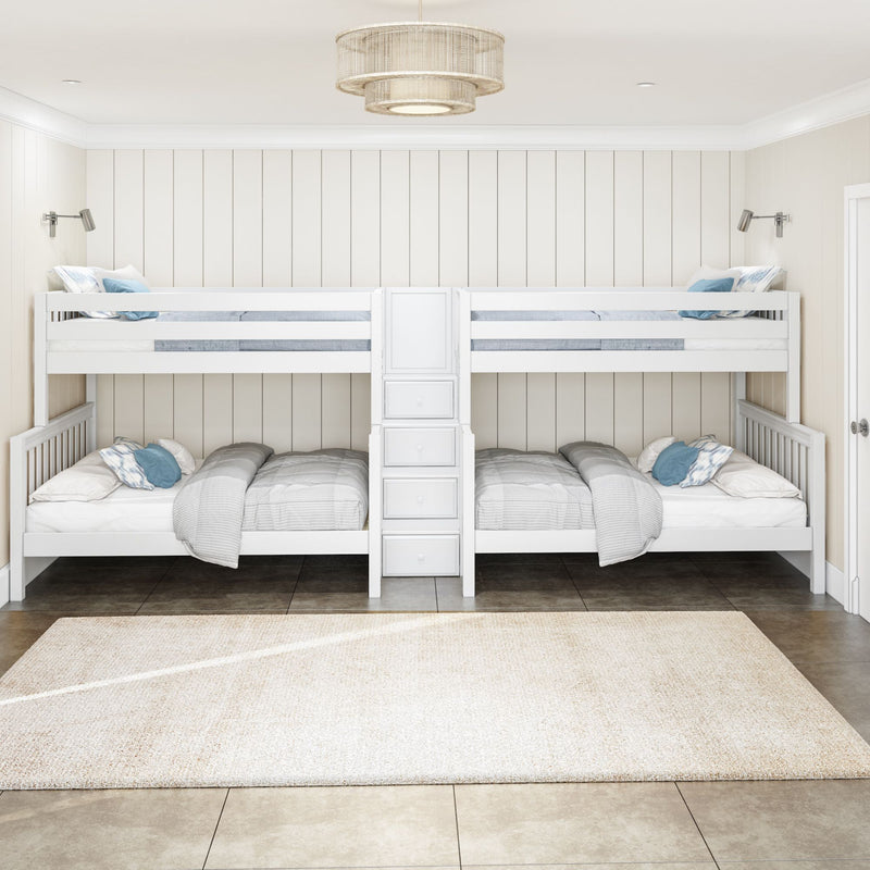 BIG BANG XL WS : Quad Bunk Twin XL over Full XL Quadruple Bunk Bed with Stairs, Slat, White
