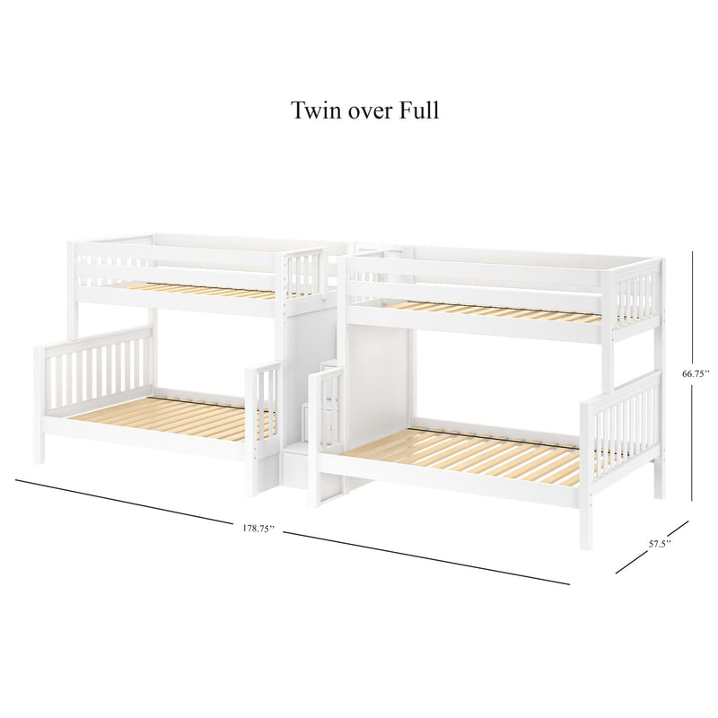 BIG BANG XL WS : Quad Bunk Twin XL over Full XL Quadruple Bunk Bed with Stairs, Slat, White