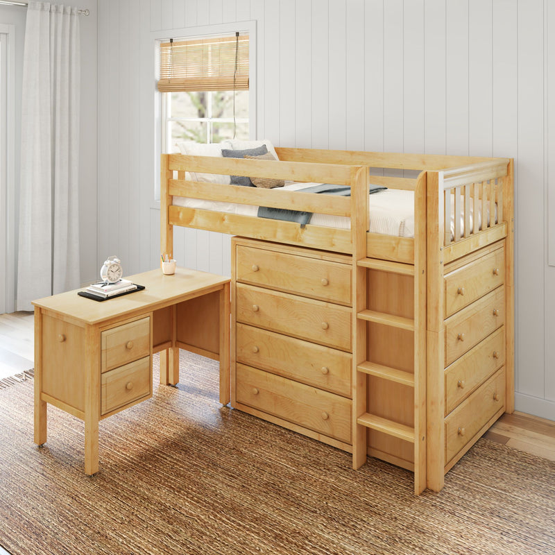 BLING21 NS : Loft Bed Twin Mid Loft Bed with Straight Ladder, Storage + Desk, Slat, Natural