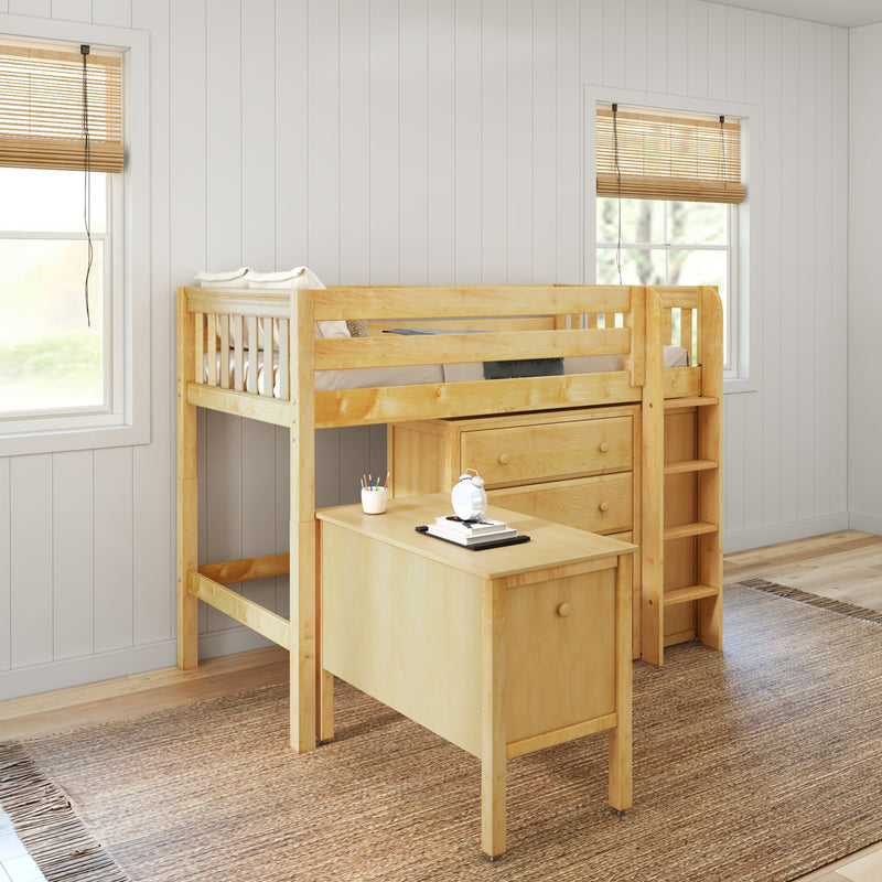 BLING21 NS : Loft Bed Twin Mid Loft Bed with Straight Ladder, Storage + Desk, Slat, Natural