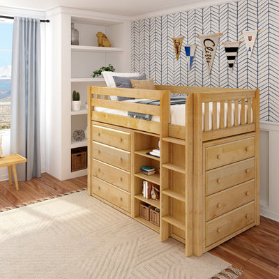 BLING6 NS : Loft Bed Twin Mid Loft w/straight ladder, 2x 4 drawer dresser, 22.5" Mid Bookcase, Slat, Natural