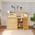 BLING6 NS : Loft Bed Twin Mid Loft w/straight ladder, 2x 4 drawer dresser, 22.5" Mid Bookcase, Slat, Natural