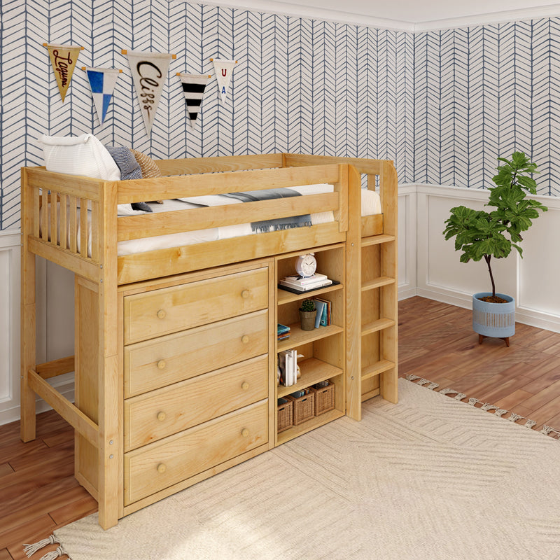 BLING6 NS : Loft Bed Twin Mid Loft w/straight ladder, 2x 4 drawer dresser, 22.5" Mid Bookcase, Slat, Natural