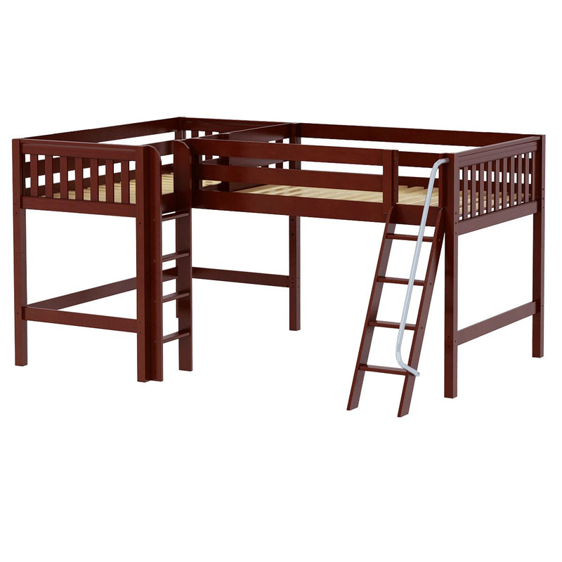 BOTH CS : Corner Loft Bed Full + Twin Mid Corner Loft Bed with Angled and Straight Ladder, Slat, Chestnut
