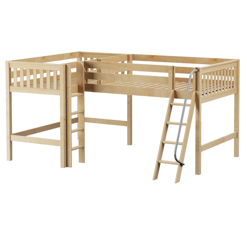 BOTH NS : Corner Loft Bed Full + Twin Mid Corner Loft Bed with Angled and Straight Ladder, Slat, Natural