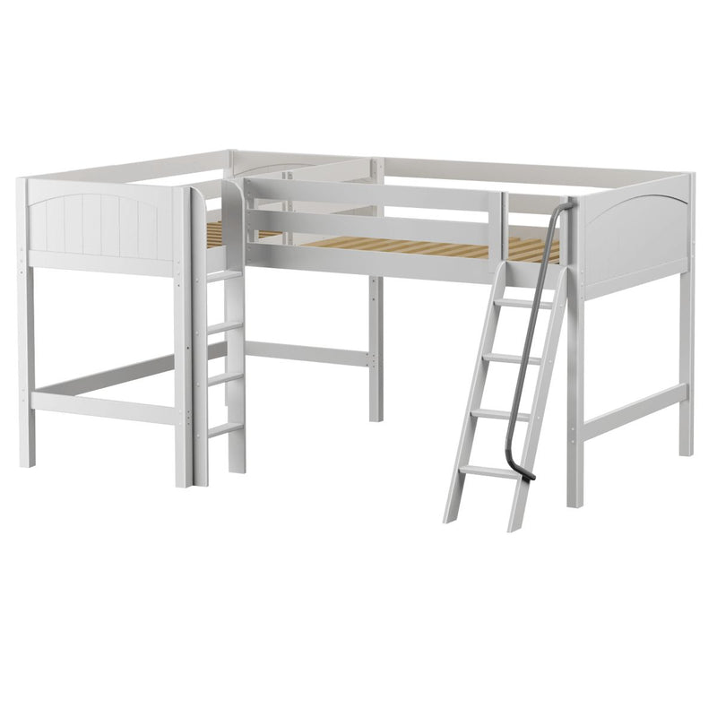 BOTH WP : Corner Loft Bed Full + Twin Mid Corner Loft Bed with Angled and Straight Ladder, Panel, White