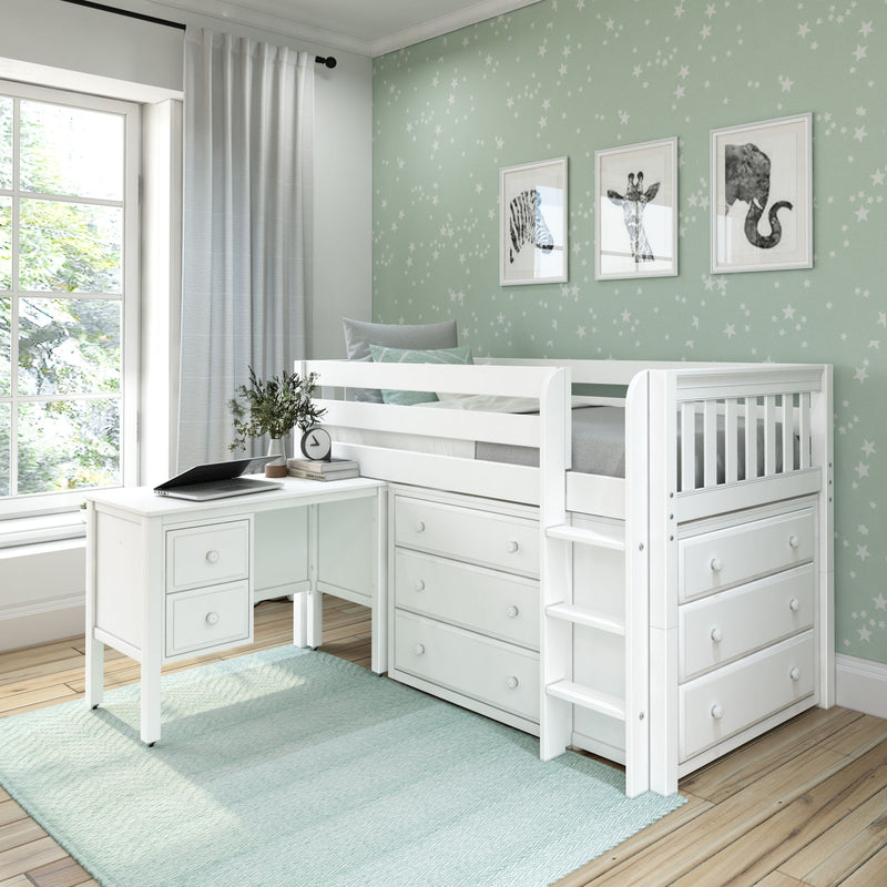 BOX21 WS : Study Loft Beds Twin Low Loft Bed with Straight Ladder, Storage + Desk, Slat, White
