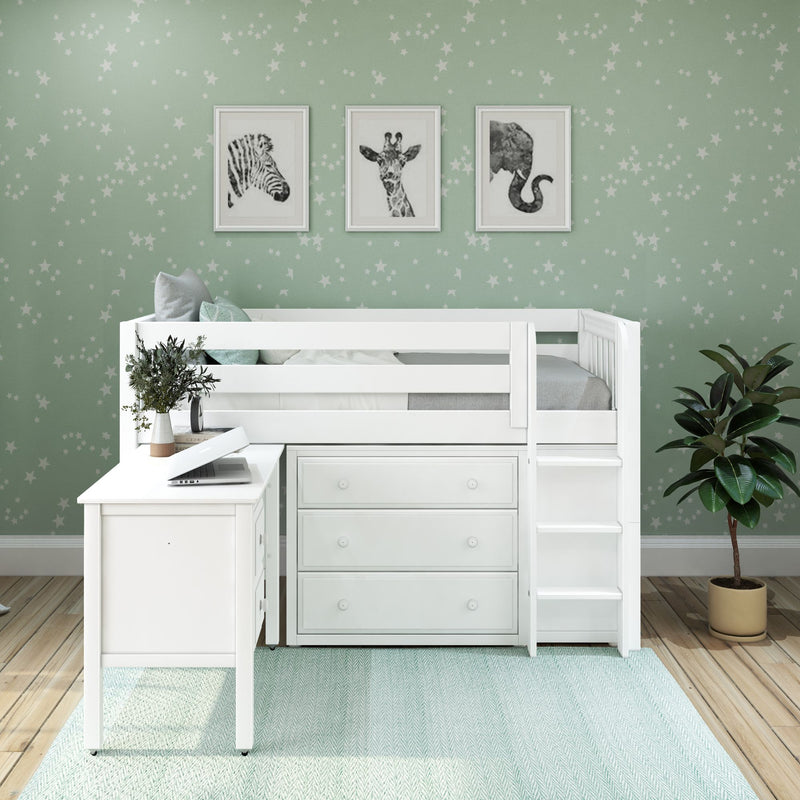 BOX21 WS : Study Loft Beds Twin Low Loft Bed with Straight Ladder, Storage + Desk, Slat, White