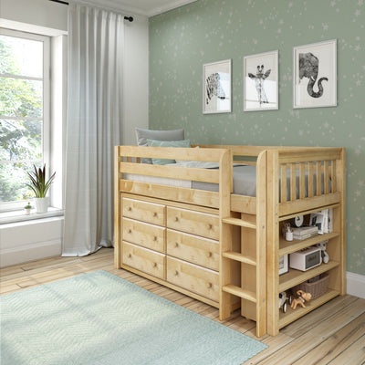 BOX2 NS : Study Loft Beds Twin Low Loft Bed with Straight Ladder + Storage, Slat, Natural
