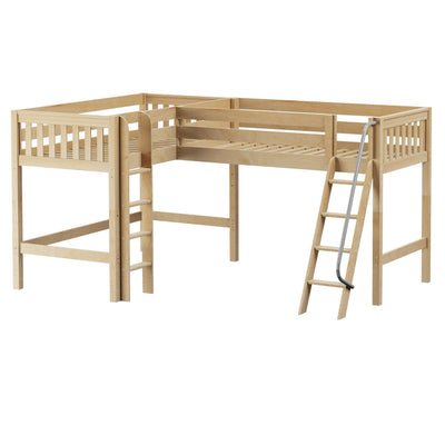 BRACE NS : Corner Loft Bed Twin Mid Corner Loft with Straight Ladder and Angled Ladder, Slat, Natural