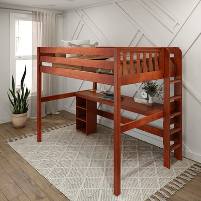 BULKY22 CP : Study Loft Beds Full High Loft Bed with Straight Ladder on End with Long Desk and Bookcase - Chestnut, Panel