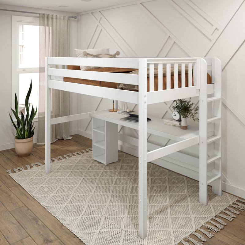 BULKY22 WS : Study Loft Beds Full High Loft Bed with Straight Ladder on End with Long Desk and Bookcase - White, Slat