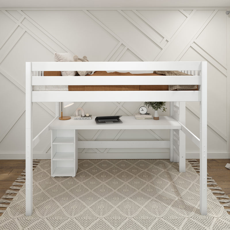 BULKY22 WS : Study Loft Beds Full High Loft Bed with Straight Ladder on End with Long Desk and Bookcase - White, Slat