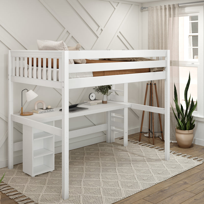 BULKY22 WS : Study Loft Beds Full High Loft Bed with Straight Ladder on End with Long Desk and Bookcase - White, Slat