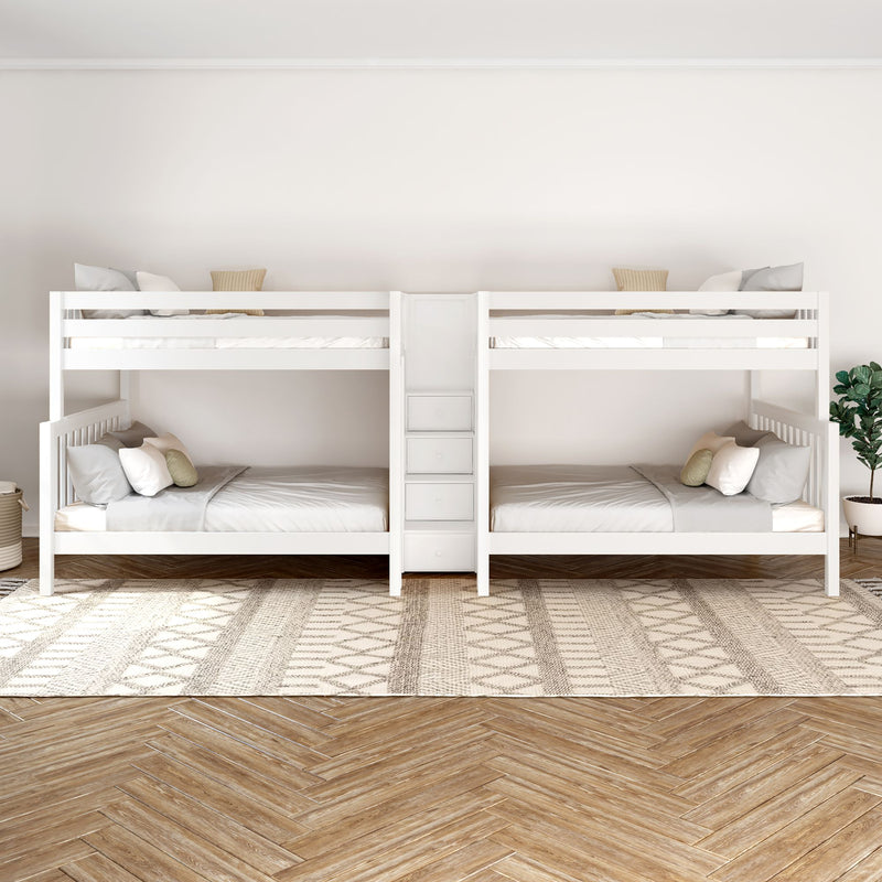 COSMOS XL WS : Quad Bunk High Full XL over Queen Quadruple Bunk Bed with Stairs, Slat, White