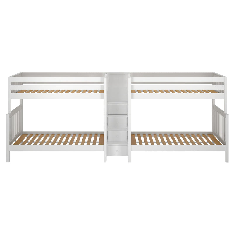 COSMOS XL WS : Quad Bunk High Full XL over Queen Quadruple Bunk Bed with Stairs, Slat, White