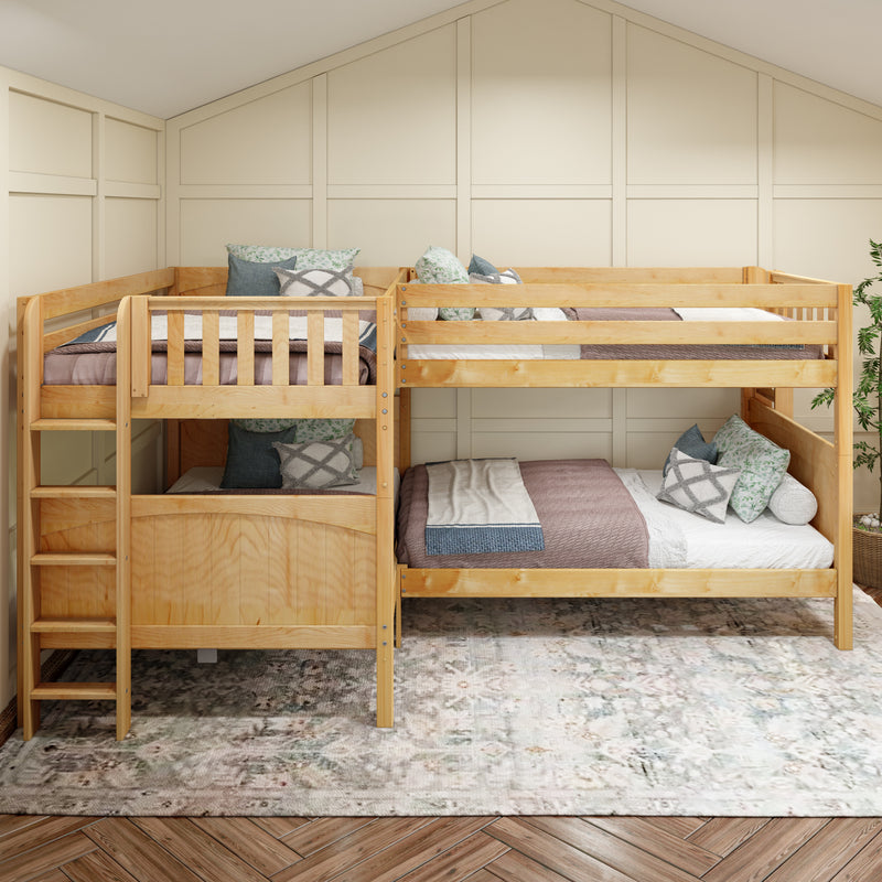 CROSS XL 1 NP : Quad Corner Bunk Full XL + Twin XL Medium Corner Bunk with Straight Ladders on Ends, Panel, Natural