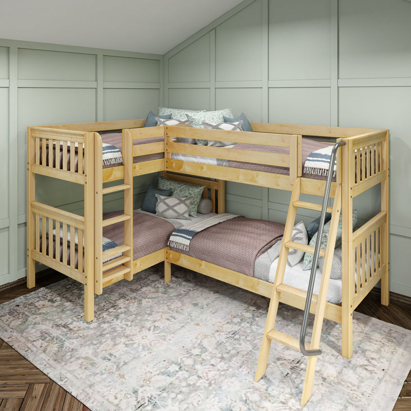 CRUX XL NS : Quad Corner Bunk Twin XL Mid Quad Corner Bunk with Left Straight Ladder + Right Angled Ladder on Front, Natural Birch Slats