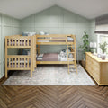 CRUX XL NS : Quad Corner Bunk Twin XL Mid Quad Corner Bunk with Left Straight Ladder + Right Angled Ladder on Front, Natural Birch Slats