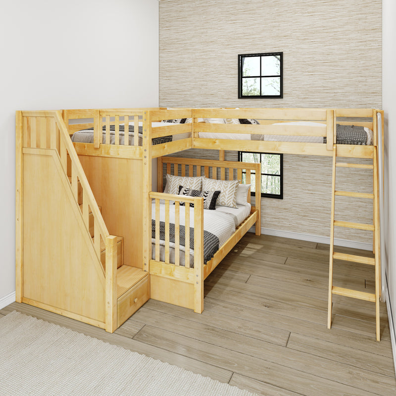 DECATHLON XL NS : Corner Loft Bunk Twin XL over Queen + Twin XL High Corner Loft Bunk with Stairs + Angled Ladder on Right on Front, Natural Birch Slats