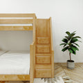 DECATHLON XL NS : Corner Loft Bunk Twin XL over Queen + Twin XL High Corner Loft Bunk with Stairs + Angled Ladder on Right on Front, Natural Birch Slats