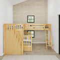 DECATHLON XL NS : Corner Loft Bunk Twin XL over Queen + Twin XL High Corner Loft Bunk with Stairs + Angled Ladder on Right on Front, Natural Birch Slats
