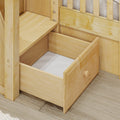 DECATHLON XL NS : Corner Loft Bunk Twin XL over Queen + Twin XL High Corner Loft Bunk with Stairs + Angled Ladder on Right on Front, Natural Birch Slats