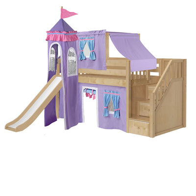 DELICIOUS27 NS : Loft Bed Twin Low Playhouse Loft Bed with Slide and Stairs on End, Natural Birch Slats with Purple/Light Blue Fabric