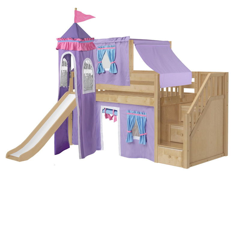 DELICIOUS27 NS : Loft Bed Twin Low Playhouse Loft Bed with Slide and Stairs on End, Natural Birch Slats with Purple/Light Blue Fabric