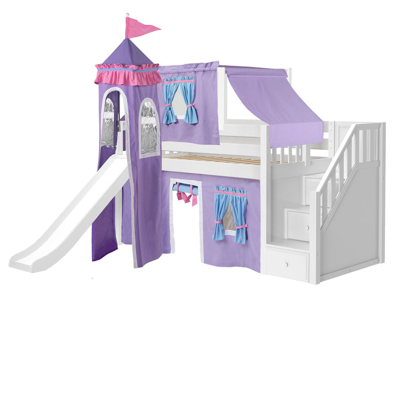 DELICIOUS27 WS : Loft Bed Twin Low Playhouse Loft Bed with Slide and Stairs on End, Classic White Slats with Purple/Light Blue Fabric