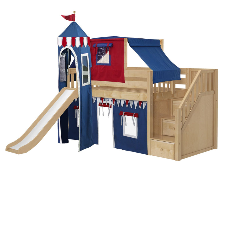 DELICIOUS44 NS : Loft Bed Twin Low Playhouse Loft Bed with Slide and Stairs on End, Natural Birch Slats with Blue/Grey/Red Fabric