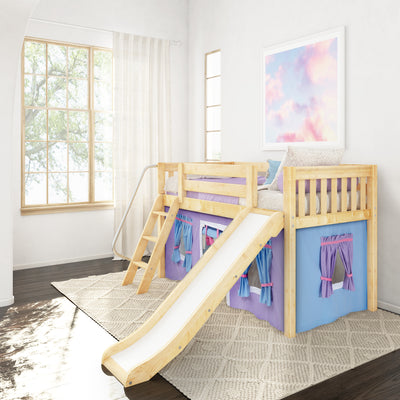 DEN27 NS : Loft Bed Twin Low Fort Loft Bed with Slide and Angled Ladder on Front, Natural Birch Slats with Purple/Light Blue Fabric