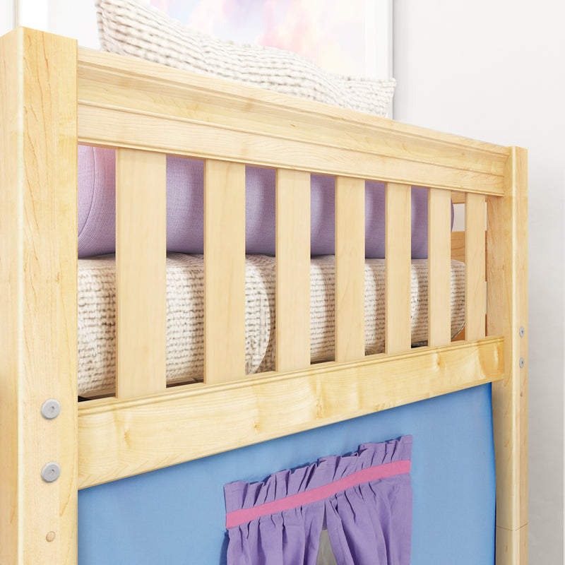 DEN27 NS : Loft Bed Twin Low Fort Loft Bed with Slide and Angled Ladder on Front, Natural Birch Slats with Purple/Light Blue Fabric