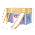 DEN27 NS : Loft Bed Twin Low Fort Loft Bed with Slide and Angled Ladder on Front, Natural Birch Slats with Purple/Light Blue Fabric