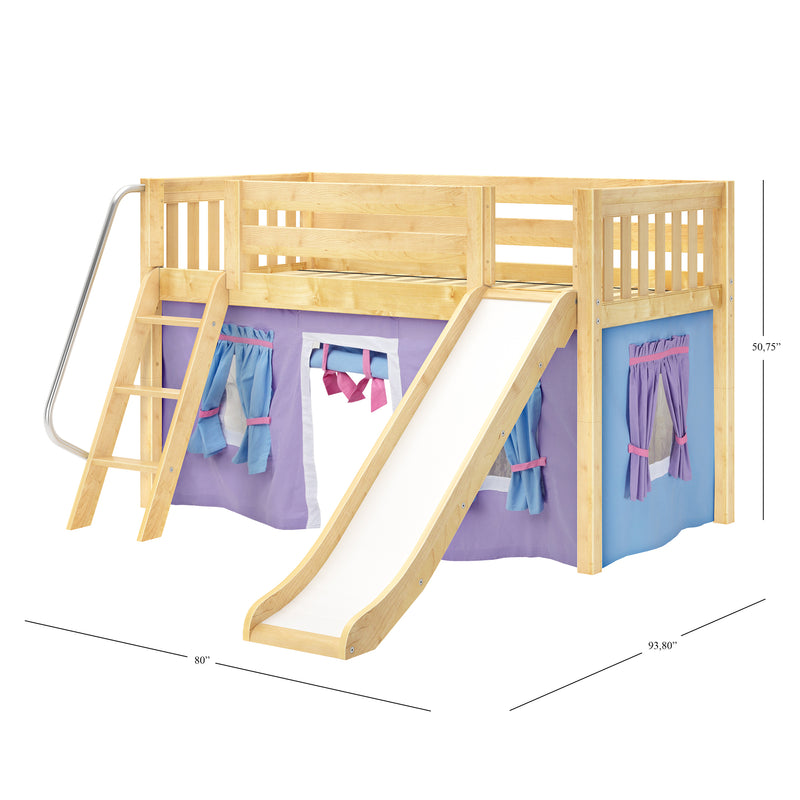DEN27 NS : Loft Bed Twin Low Fort Loft Bed with Slide and Angled Ladder on Front, Natural Birch Slats with Purple/Light Blue Fabric