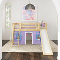 DEN27 NS : Loft Bed Twin Low Fort Loft Bed with Slide and Angled Ladder on Front, Natural Birch Slats with Purple/Light Blue Fabric