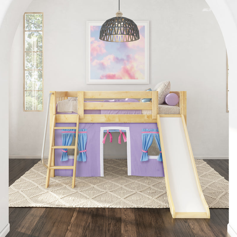 DEN27 NS : Loft Bed Twin Low Fort Loft Bed with Slide and Angled Ladder on Front, Natural Birch Slats with Purple/Light Blue Fabric